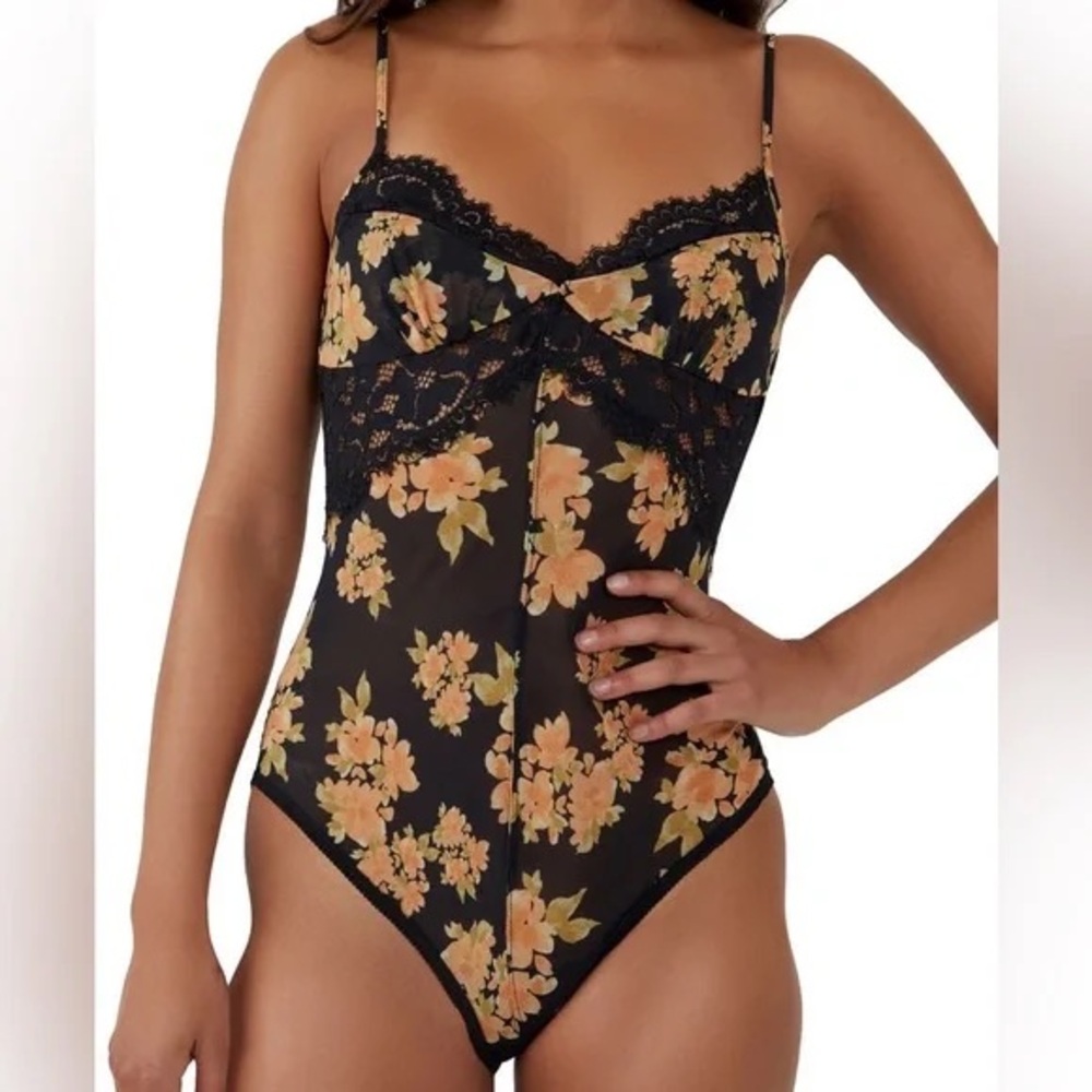 Free People Monday Morning Bodysuit- Black Floral Lace